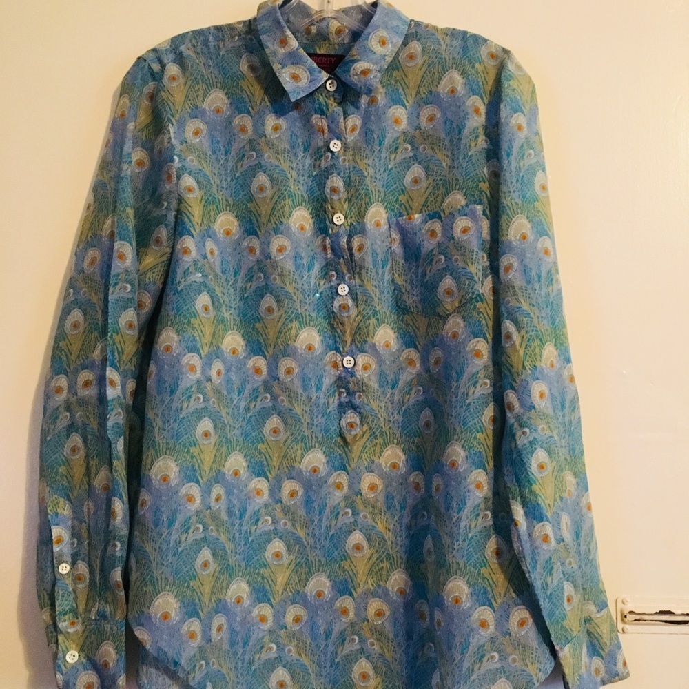 J Crew blue peacock print button up shirt.
